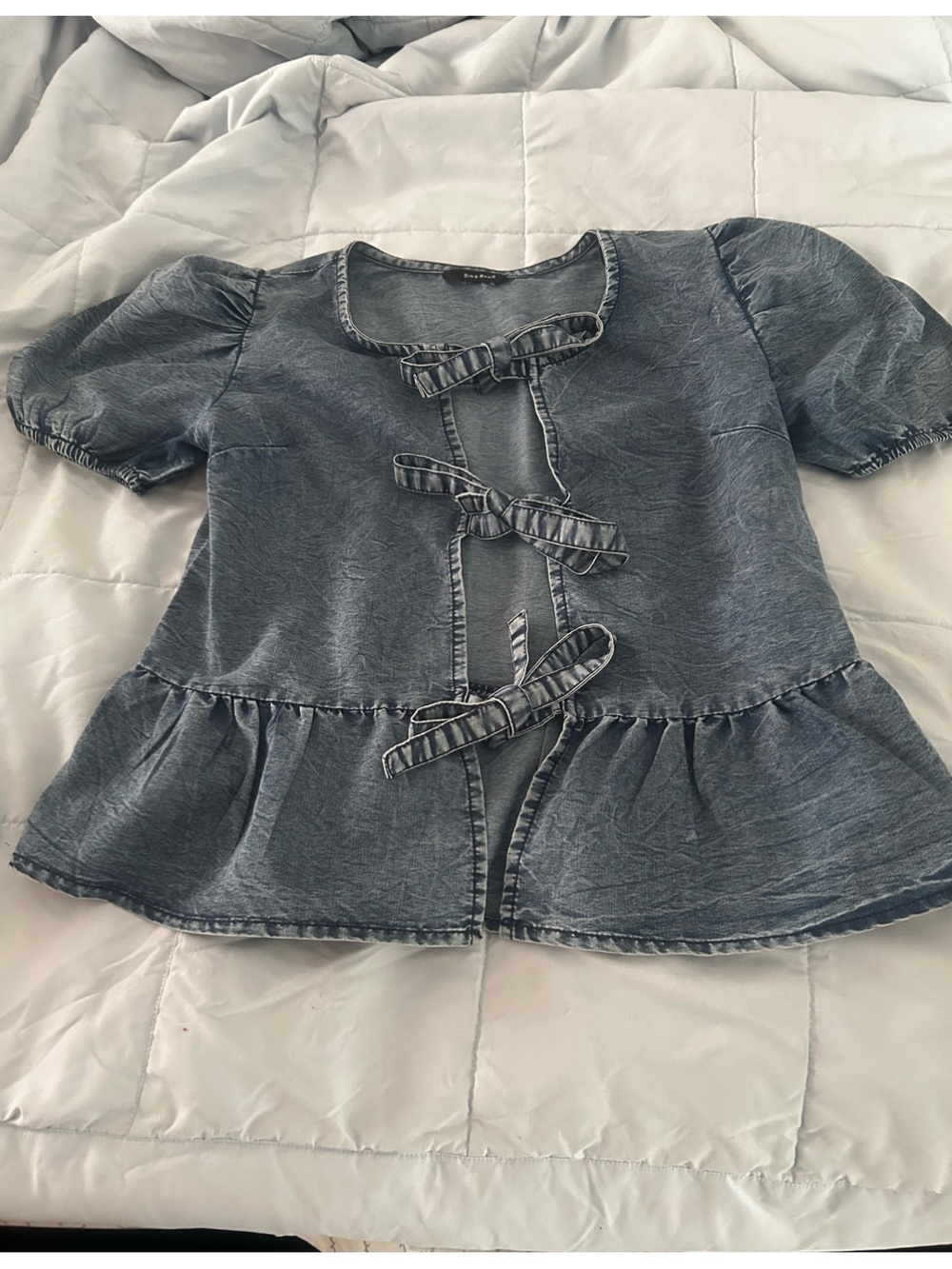 Women’s ' Denim-Look Peplum top/Jacket with Bow Ties - Blue